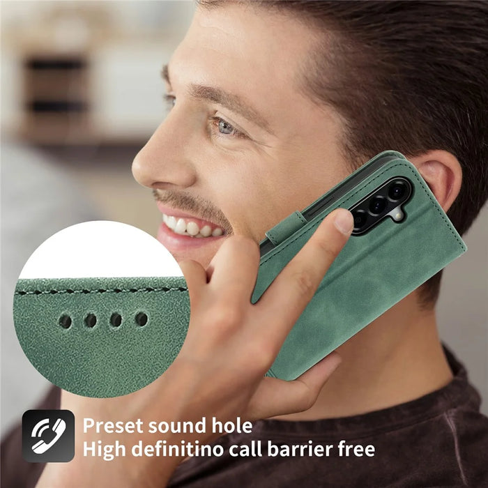 DIERFENG DF-03 For Samsung Galaxy A57 5G Case Lines Imprint Wallet Leather Phone Cover with Wrist Strap - Green - 7