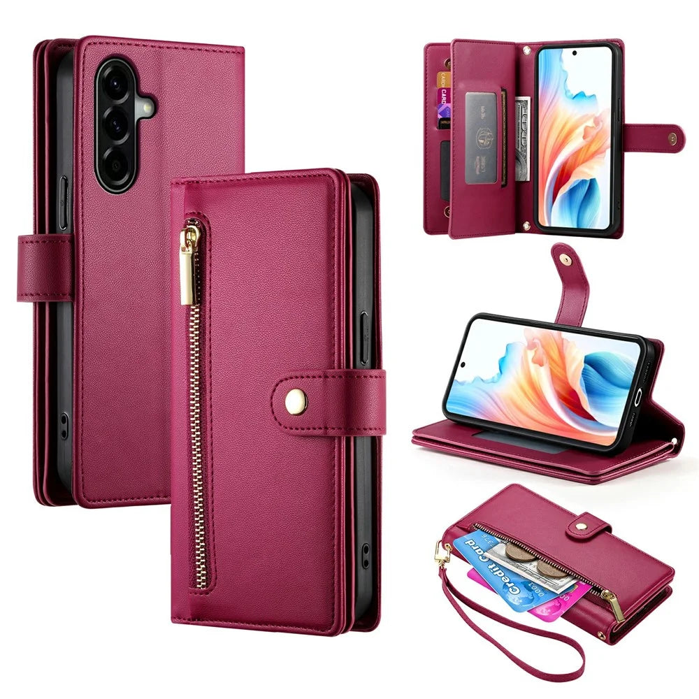 For Samsung Galaxy A37 5G Case Zipper Pocket Wallet Leather Phone Cover with Straps - Red - 1