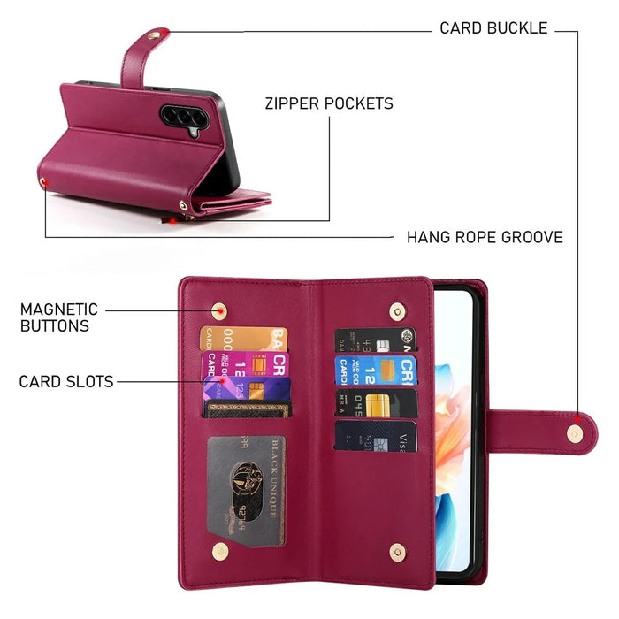 For Samsung Galaxy A37 5G Case Zipper Pocket Wallet Leather Phone Cover with Straps - Red - 5