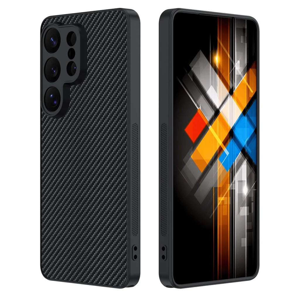For Samsung Galaxy S26 Ultra Case Leather + PC Hard Phone Cover Carbon Fiber Texture - Black - 1