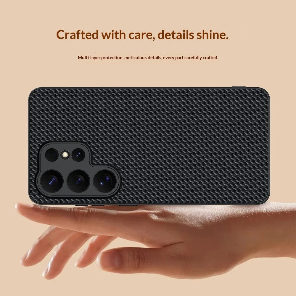 For Samsung Galaxy S26 Ultra Case Leather + PC Hard Phone Cover Carbon Fiber Texture - Black - 6