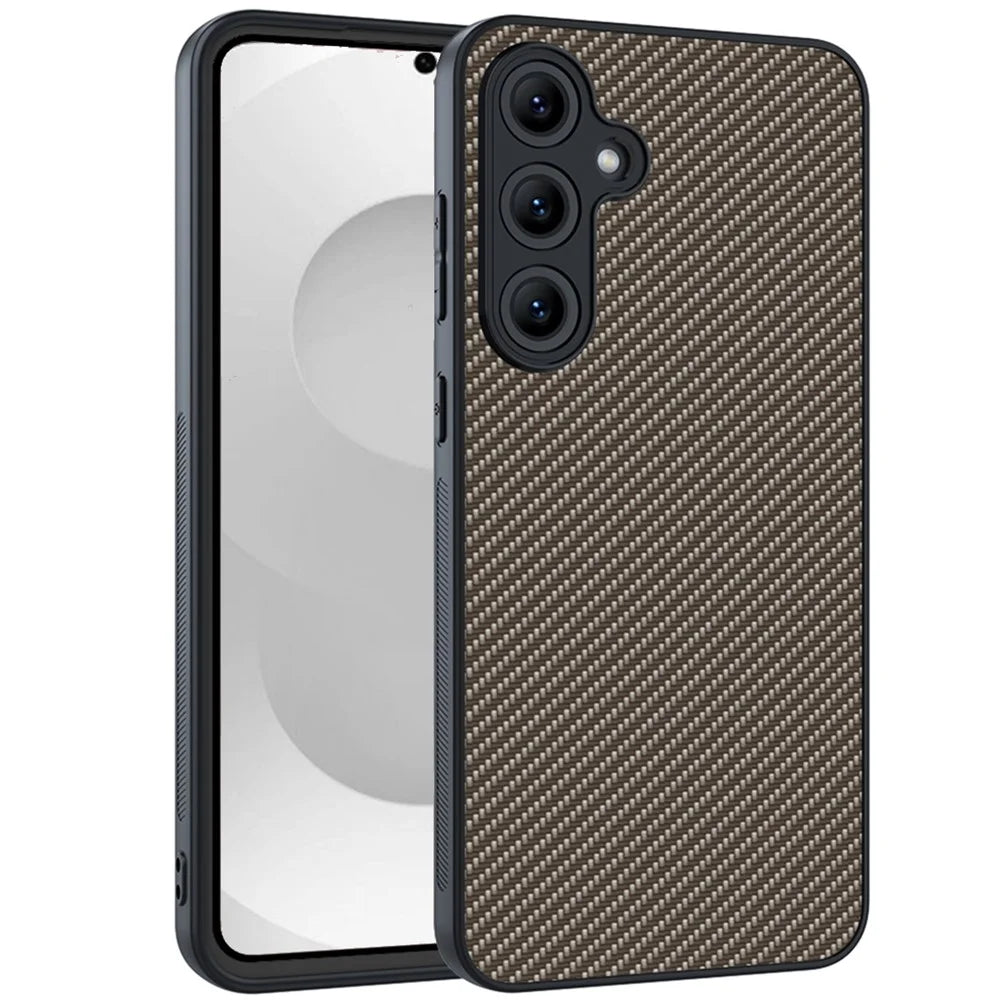 For Samsung Galaxy S26 Case Leather + PC Hard Phone Cover Carbon Fiber Texture - Gold - 1