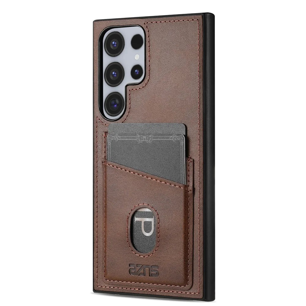 AZNS K1 Series For Samsung Galaxy S26 Ultra Case Calf Texture Anti-Drop PU+TPU Phone Cover with 2 Card Slot - Coffee - 1