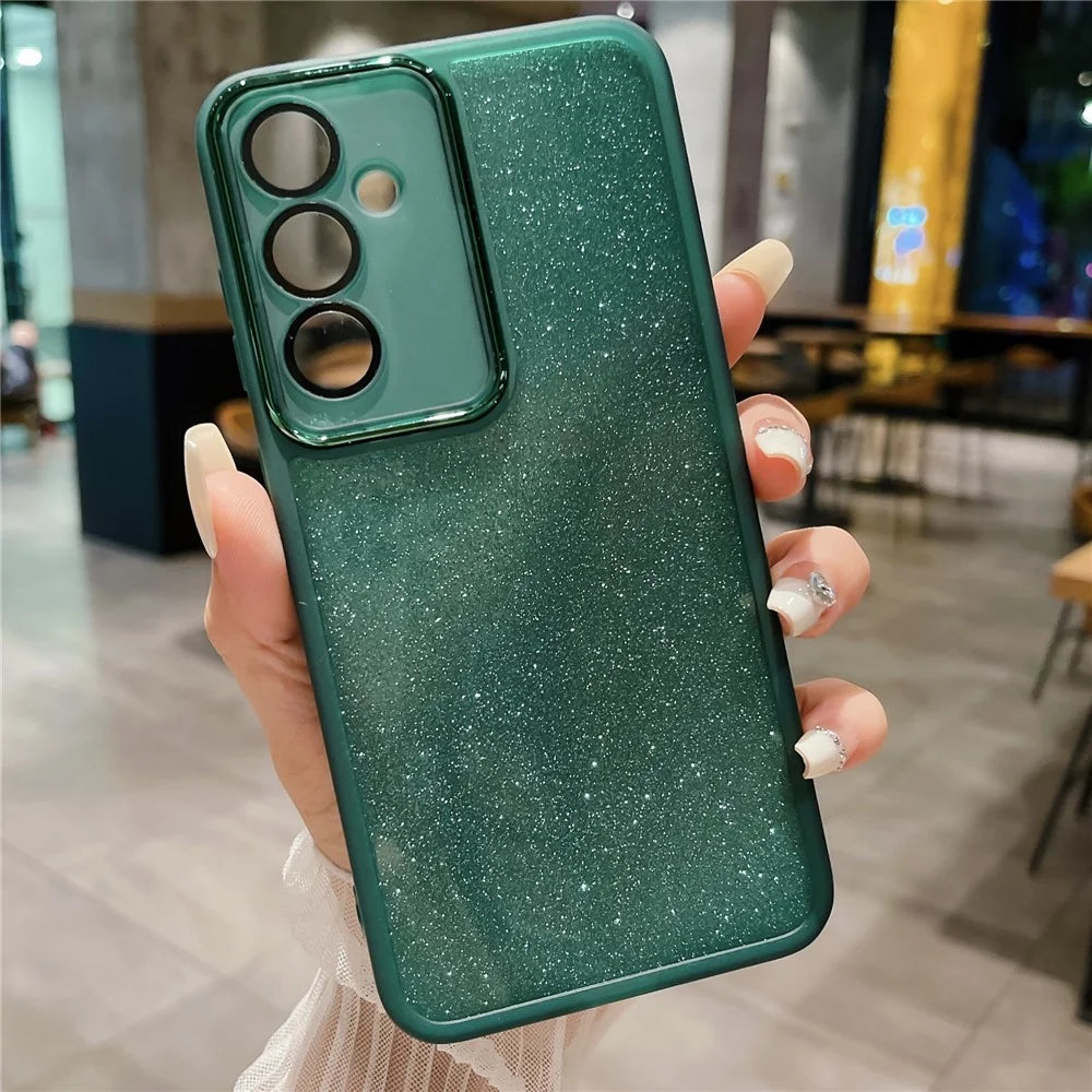 For Samsung Galaxy A57 5G Case Clear TPU Phone Cover With Camera Lens Protector Glitter Sticker - Transparent Green - 1