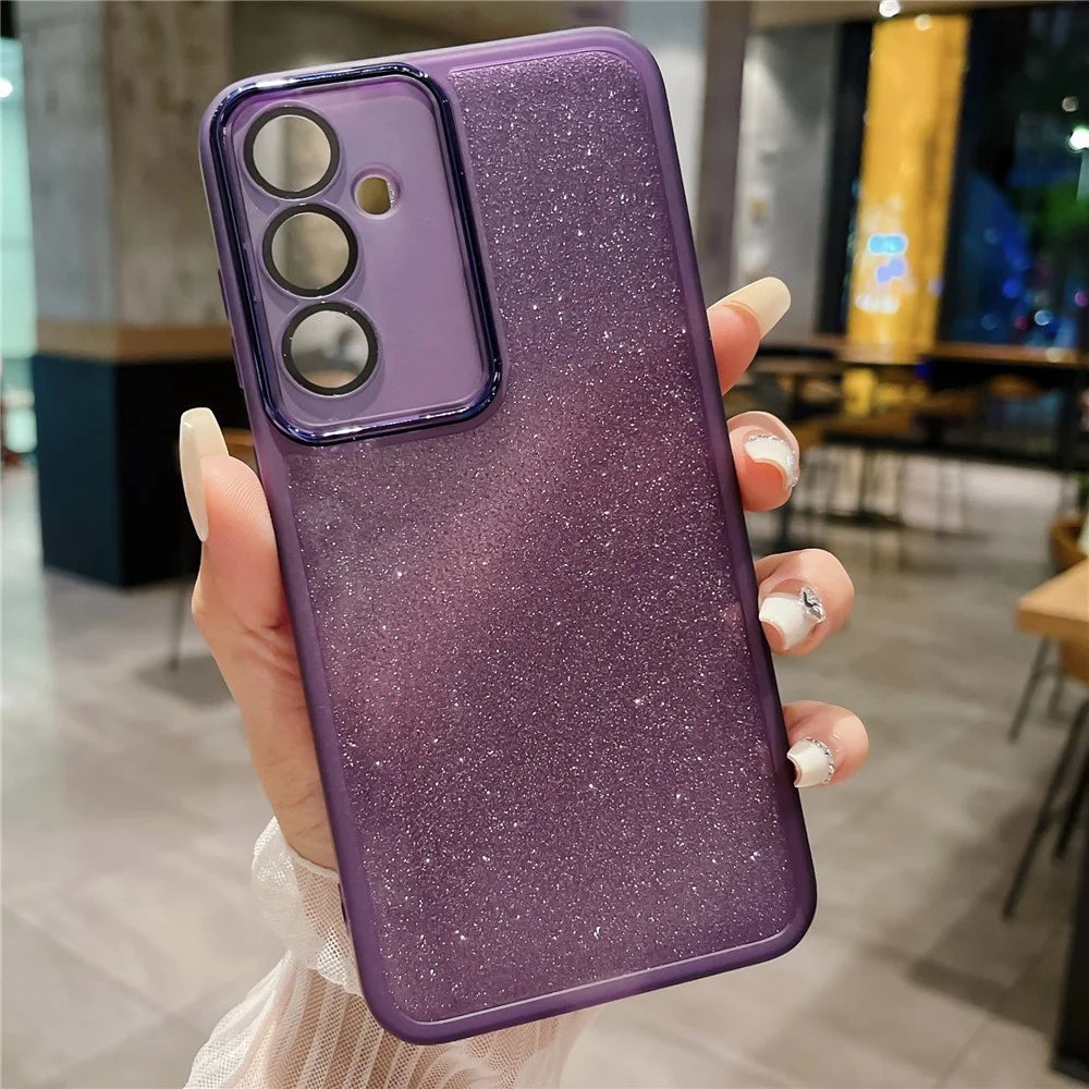 For Samsung Galaxy S26 Case Clear TPU Phone Cover With Camera Lens Protector Glitter Sticker - Transparent Purple - 1