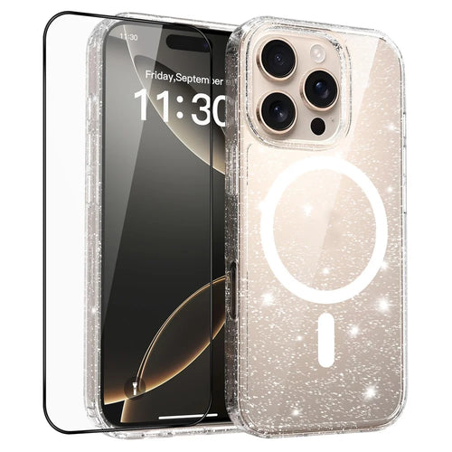 For iPhone 16 Pro Magnetic Case Glitter Powder TPU Scratch-proof Phone Cover with Tempered Glass Compatible with MagSafe - Transparent - 1