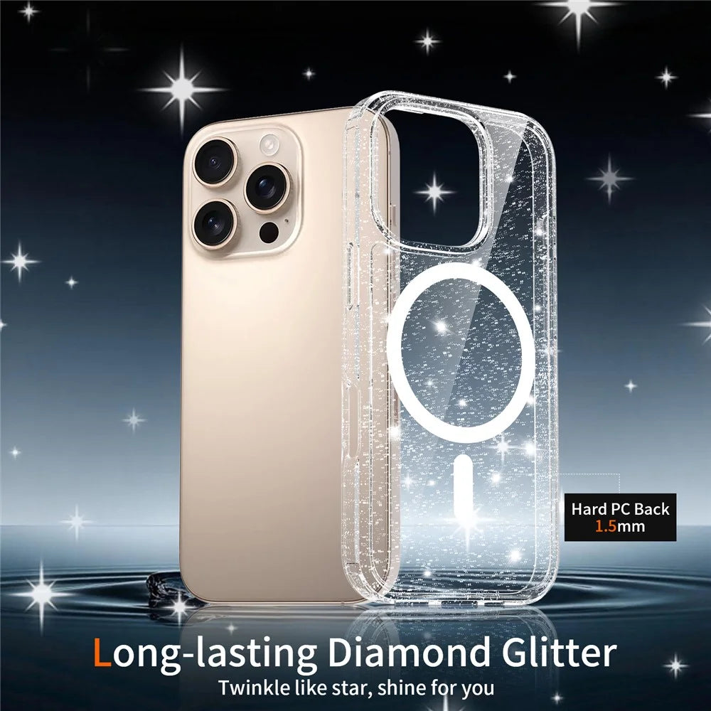 For iPhone 16 Pro Magnetic Case Glitter Powder TPU Scratch-proof Phone Cover with Tempered Glass Compatible with MagSafe - Transparent - 3
