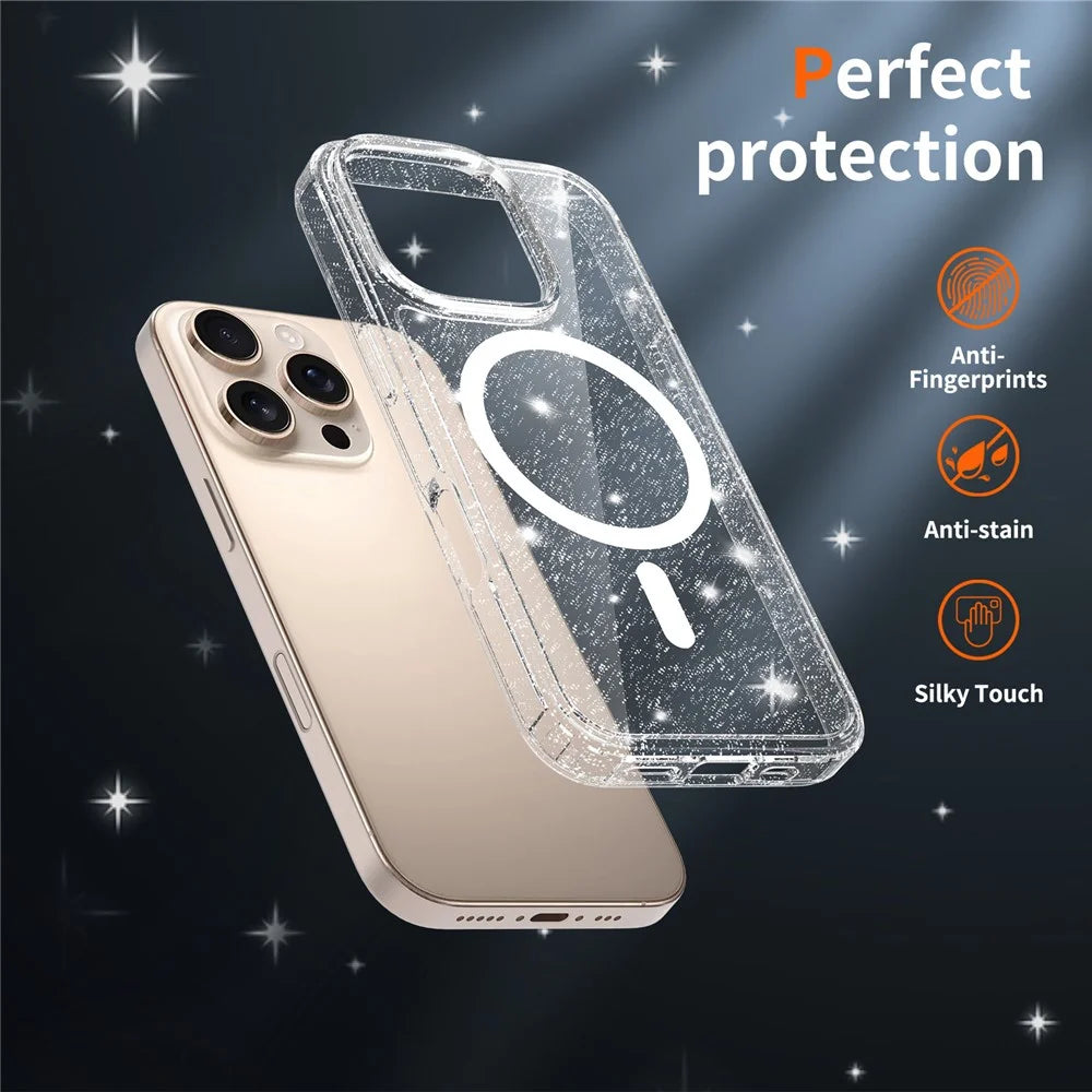 For iPhone 16 Pro Magnetic Case Glitter Powder TPU Scratch-proof Phone Cover with Tempered Glass Compatible with MagSafe - Transparent - 4