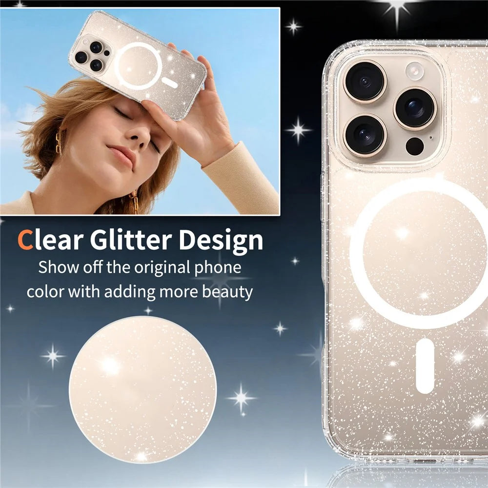 For iPhone 16 Pro Magnetic Case Glitter Powder TPU Scratch-proof Phone Cover with Tempered Glass Compatible with MagSafe - Transparent - 7