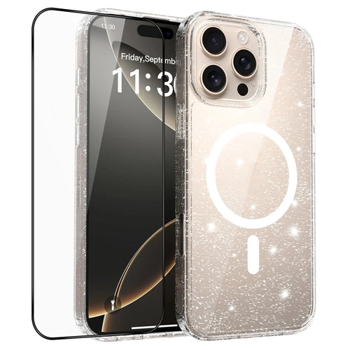 For iPhone 16 Pro Max Magnetic Case Glitter Powder TPU Scratch-proof Phone Cover with Tempered Glass Compatible with MagSafe   - Transparent - 1