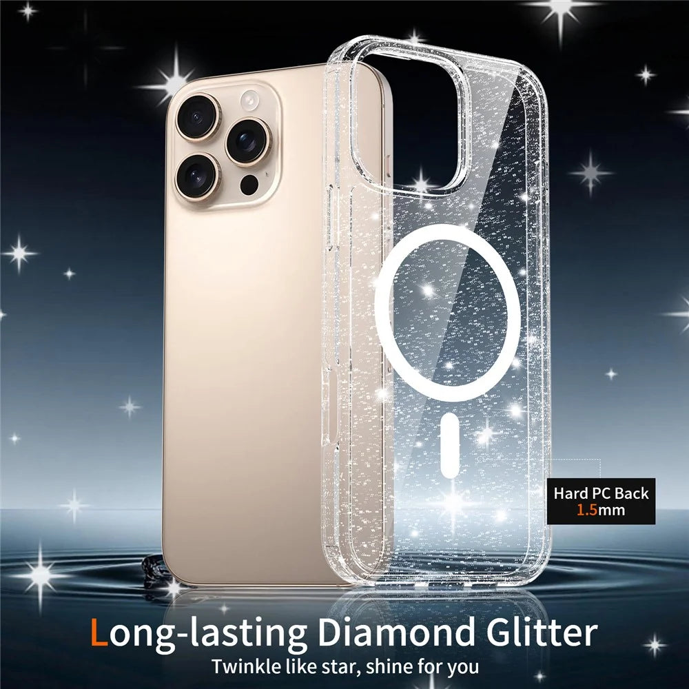 For iPhone 16 Pro Max Magnetic Case Glitter Powder TPU Scratch-proof Phone Cover with Tempered Glass Compatible with MagSafe   - Transparent - 3