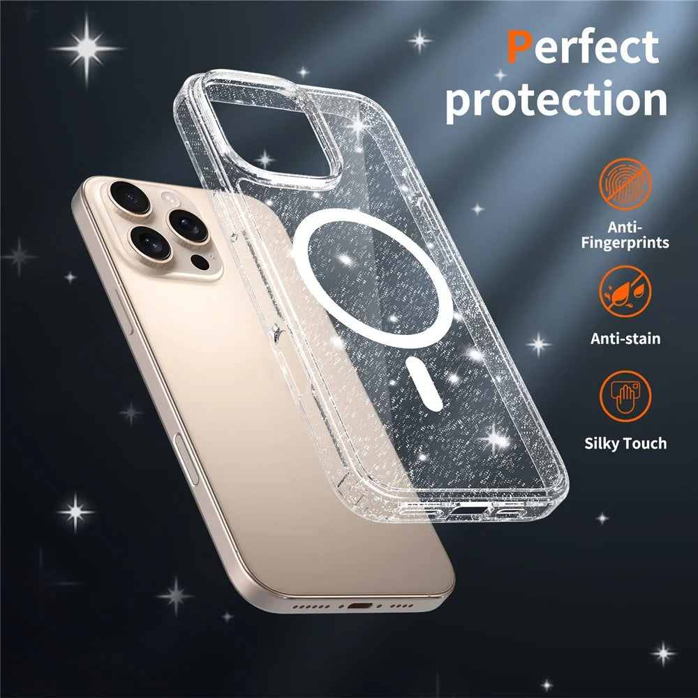 For iPhone 16 Pro Max Magnetic Case Glitter Powder TPU Scratch-proof Phone Cover with Tempered Glass Compatible with MagSafe   - Transparent - 4