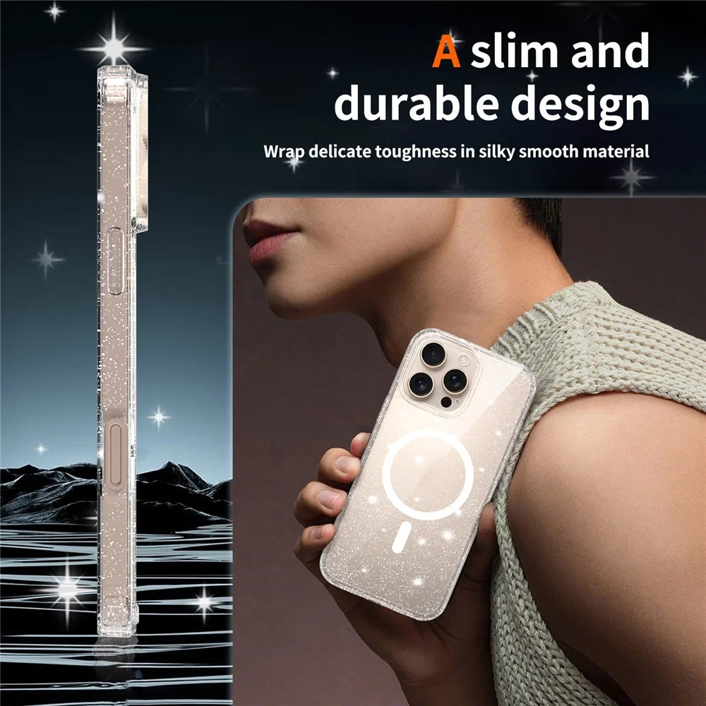 For iPhone 16 Pro Max Magnetic Case Glitter Powder TPU Scratch-proof Phone Cover with Tempered Glass Compatible with MagSafe   - Transparent - 5