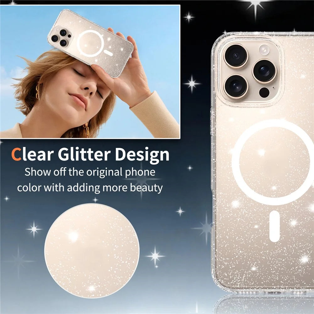 For iPhone 16 Pro Max Magnetic Case Glitter Powder TPU Scratch-proof Phone Cover with Tempered Glass Compatible with MagSafe   - Transparent - 7