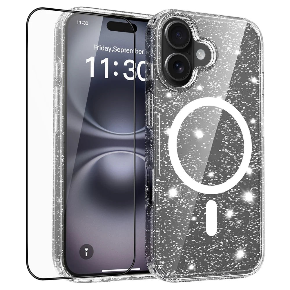 For iPhone 16 Magnetic Case Glitter Powder TPU Scratch-proof Phone Cover with Tempered Glass Compatible with MagSafe - Transparent - 1