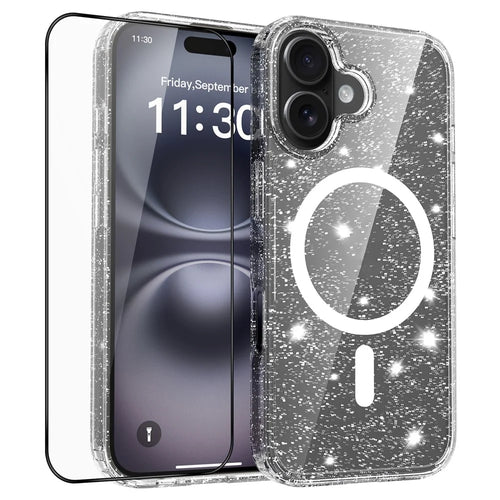 For iPhone 16 Magnetic Case Glitter Powder TPU Scratch-proof Phone Cover with Tempered Glass Compatible with MagSafe - Transparent - 1