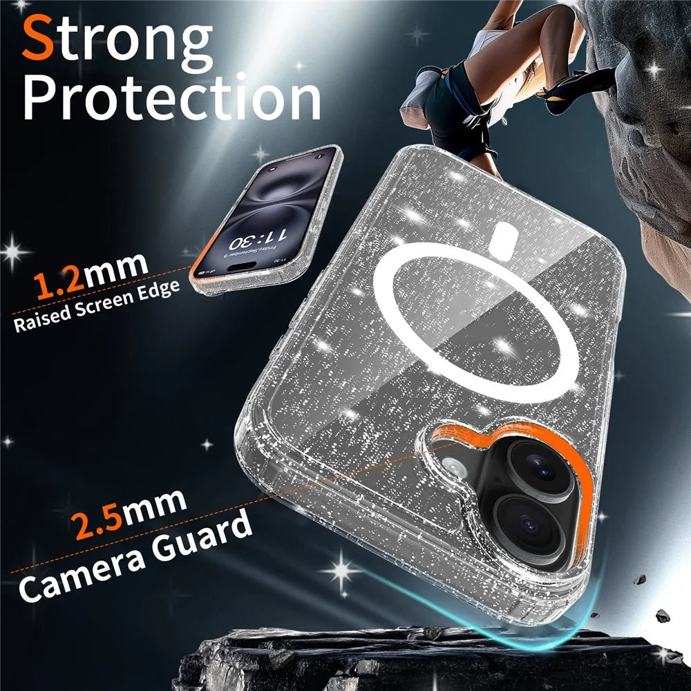 For iPhone 16 Magnetic Case Glitter Powder TPU Scratch-proof Phone Cover with Tempered Glass Compatible with MagSafe - Transparent - 2