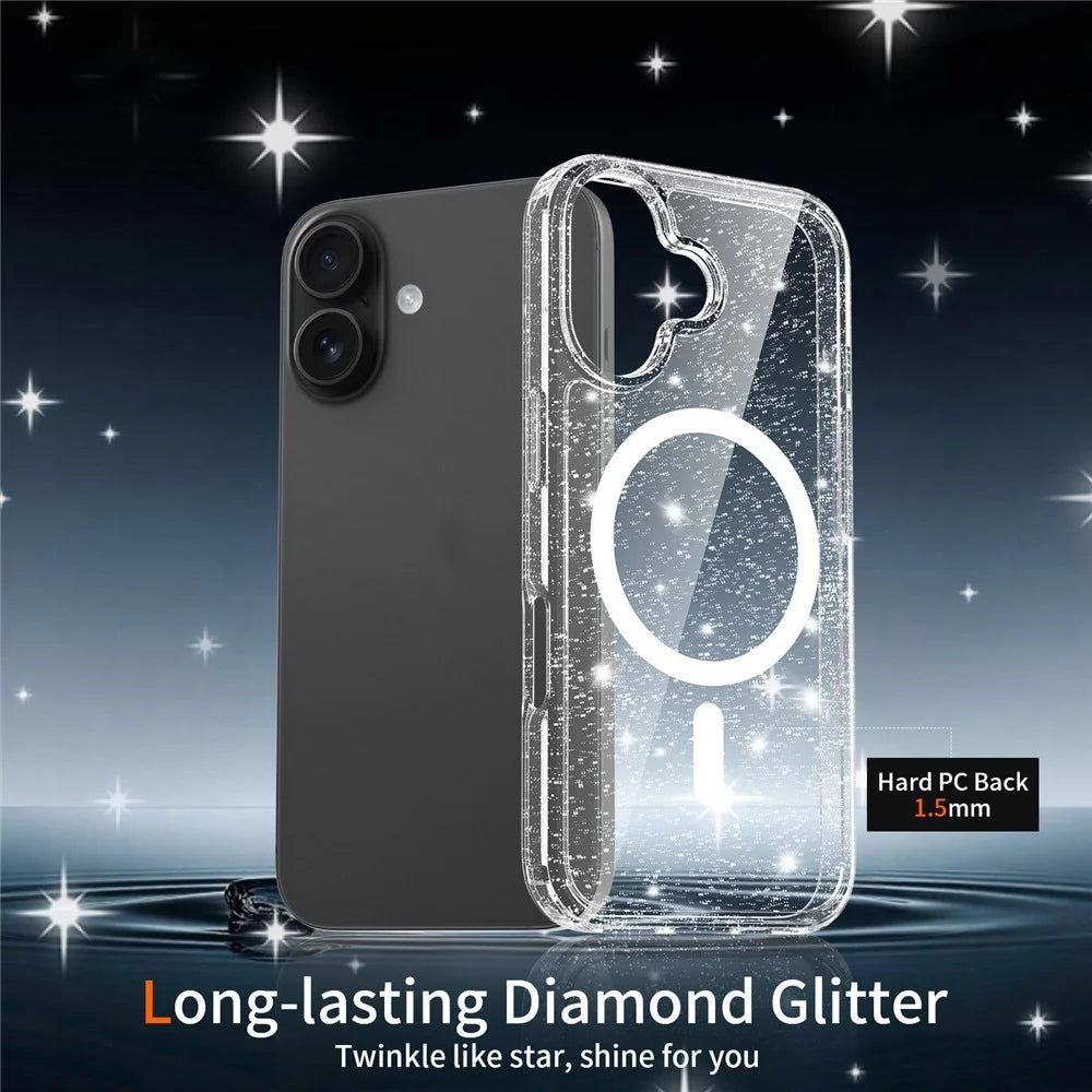 For iPhone 16 Magnetic Case Glitter Powder TPU Scratch-proof Phone Cover with Tempered Glass Compatible with MagSafe - Transparent - 3