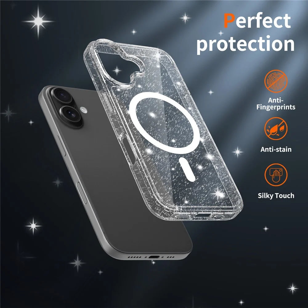 For iPhone 16 Magnetic Case Glitter Powder TPU Scratch-proof Phone Cover with Tempered Glass Compatible with MagSafe - Transparent - 4