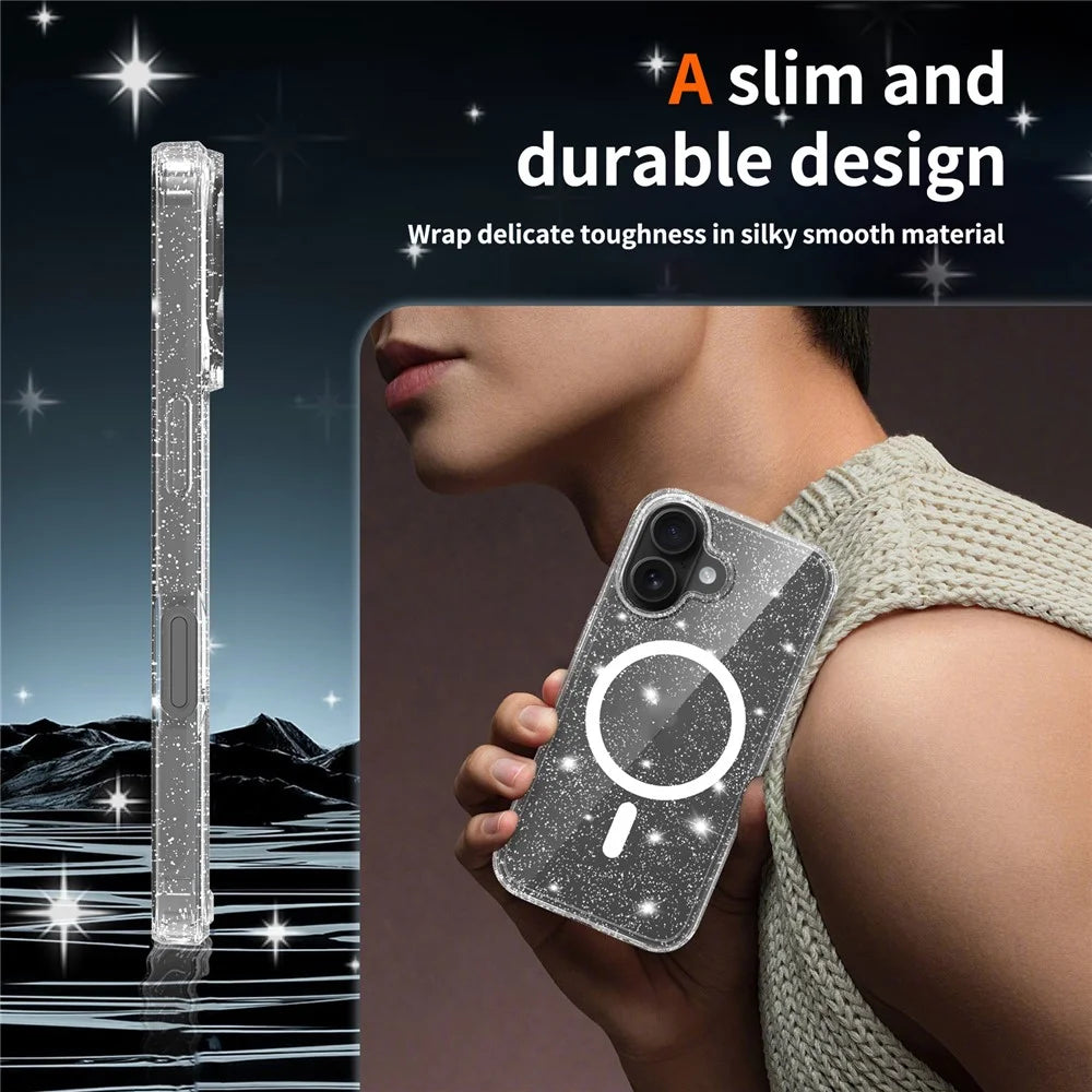 For iPhone 16 Magnetic Case Glitter Powder TPU Scratch-proof Phone Cover with Tempered Glass Compatible with MagSafe - Transparent - 5