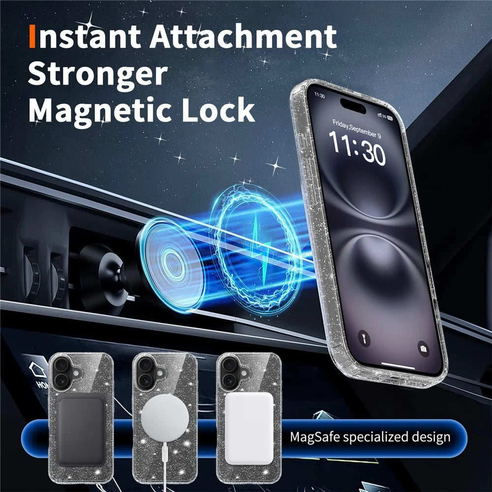 For iPhone 16 Magnetic Case Glitter Powder TPU Scratch-proof Phone Cover with Tempered Glass Compatible with MagSafe - Transparent - 6