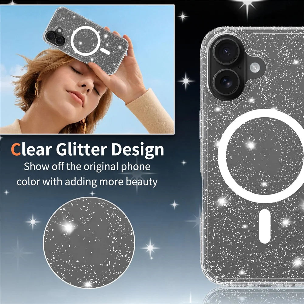 For iPhone 16 Magnetic Case Glitter Powder TPU Scratch-proof Phone Cover with Tempered Glass Compatible with MagSafe - Transparent - 7