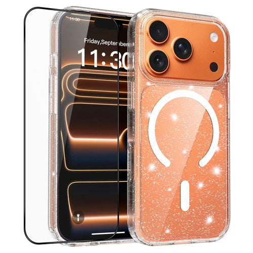 For iPhone 17 Pro Magnetic Case Glitter Powder TPU Scratch-proof Phone Cover with Tempered Glass Compatible with MagSafe  - Transparent - 1