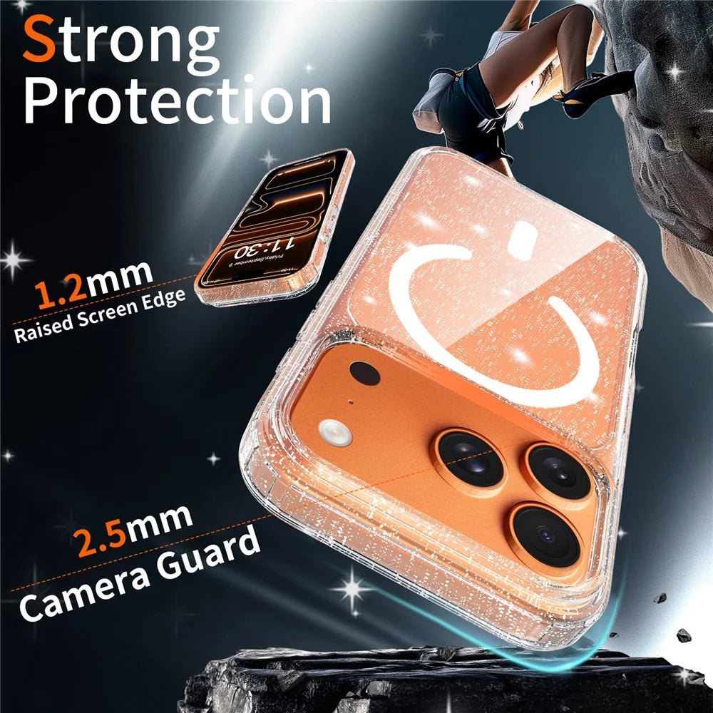 For iPhone 17 Pro Magnetic Case Glitter Powder TPU Scratch-proof Phone Cover with Tempered Glass Compatible with MagSafe  - Transparent - 2