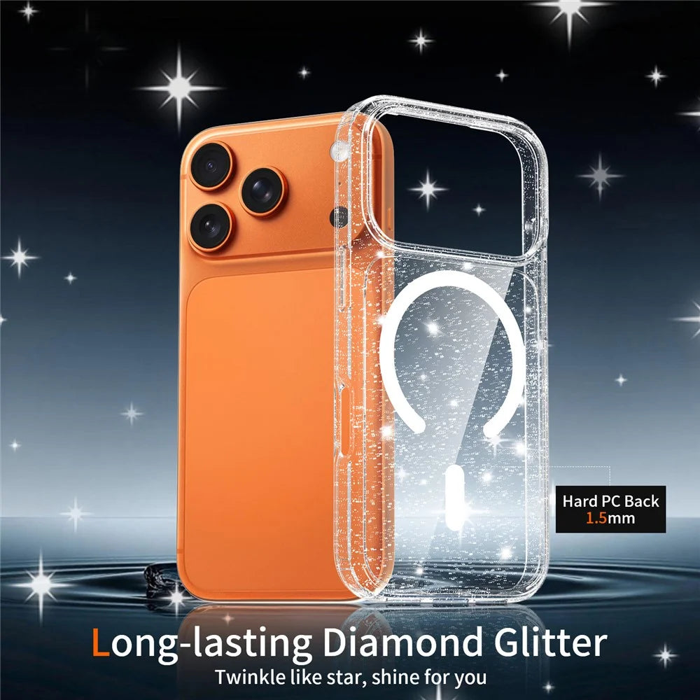 For iPhone 17 Pro Magnetic Case Glitter Powder TPU Scratch-proof Phone Cover with Tempered Glass Compatible with MagSafe  - Transparent - 3