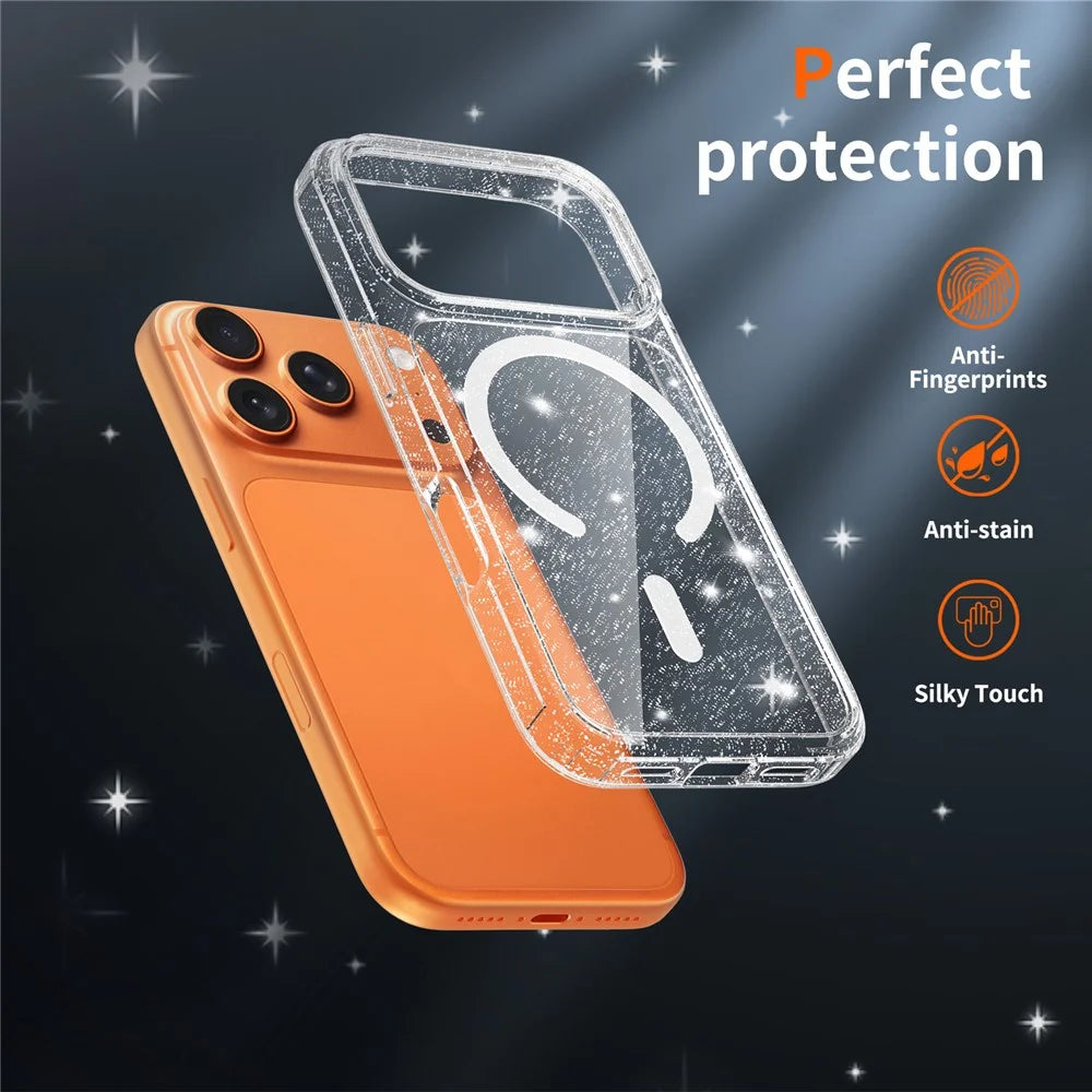 For iPhone 17 Pro Magnetic Case Glitter Powder TPU Scratch-proof Phone Cover with Tempered Glass Compatible with MagSafe  - Transparent - 4