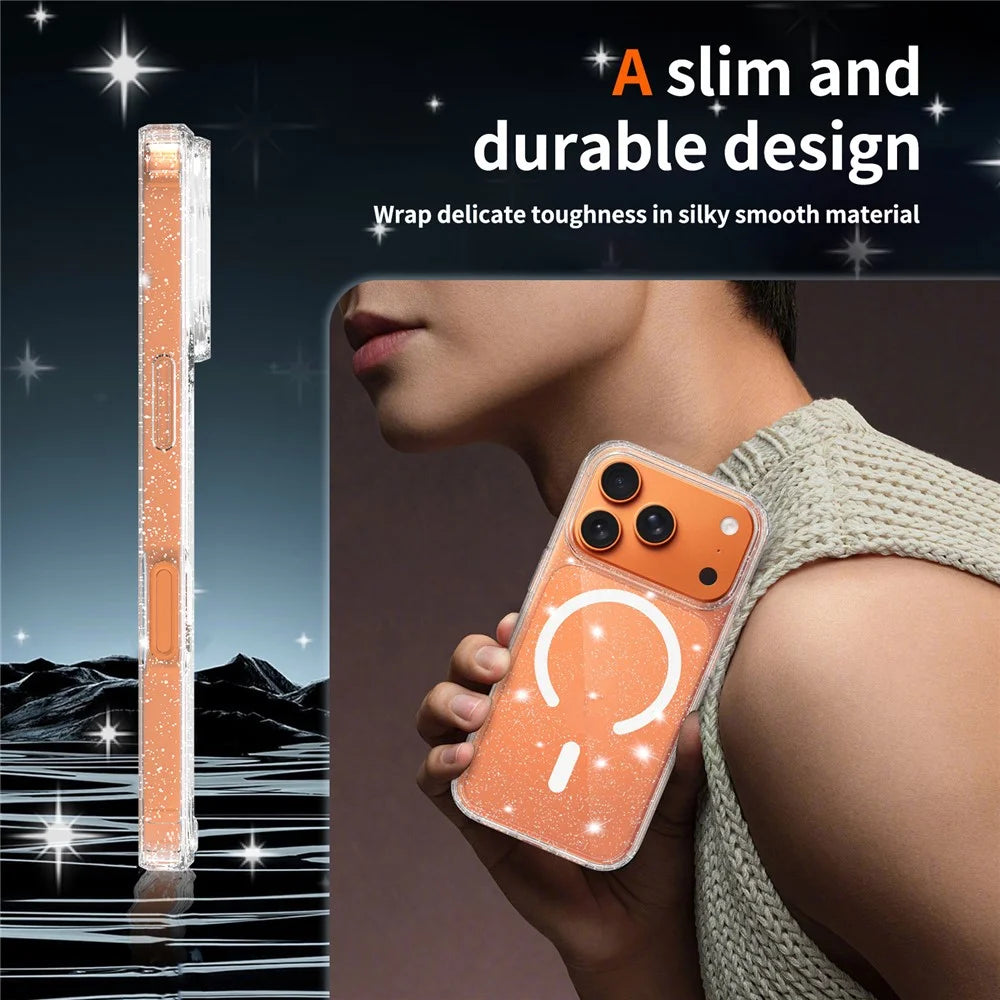 For iPhone 17 Pro Magnetic Case Glitter Powder TPU Scratch-proof Phone Cover with Tempered Glass Compatible with MagSafe  - Transparent - 5