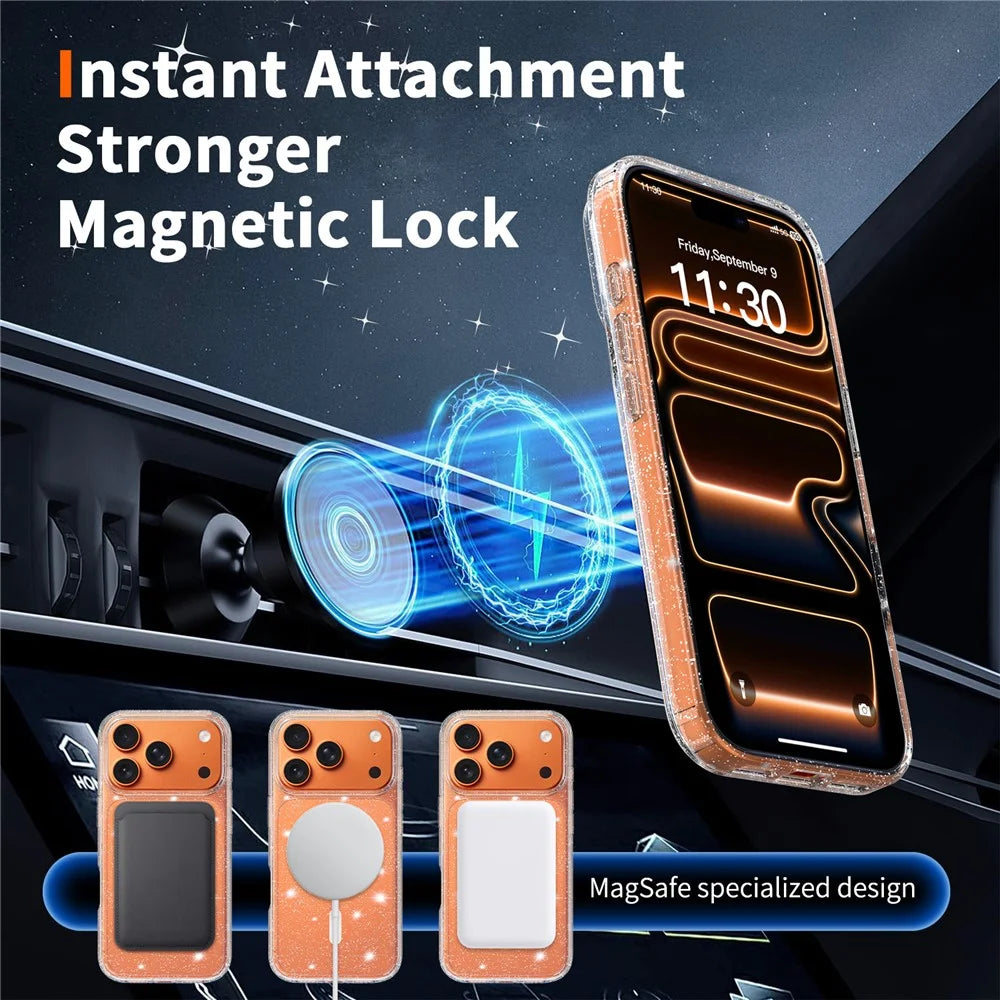 For iPhone 17 Pro Magnetic Case Glitter Powder TPU Scratch-proof Phone Cover with Tempered Glass Compatible with MagSafe  - Transparent - 6