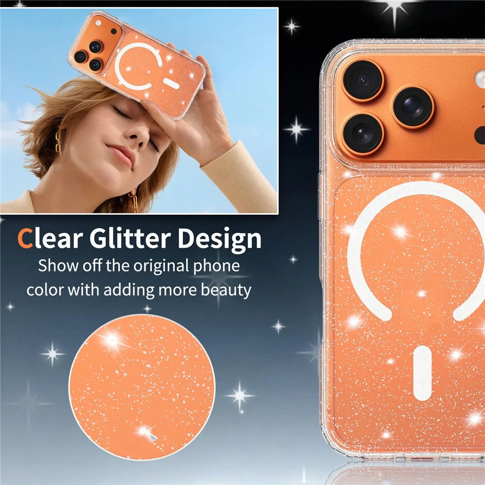For iPhone 17 Pro Magnetic Case Glitter Powder TPU Scratch-proof Phone Cover with Tempered Glass Compatible with MagSafe  - Transparent - 7