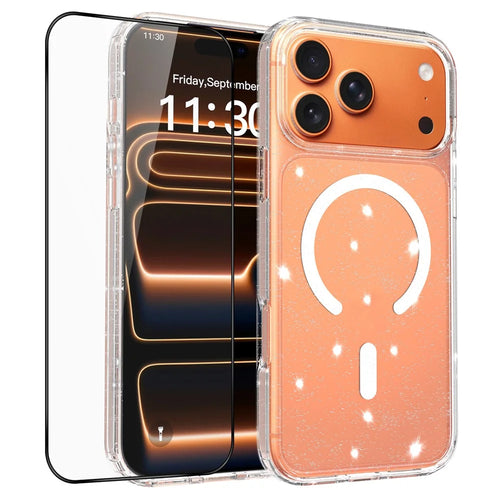 For iPhone 17 Pro Max Magnetic Case Glitter Powder TPU Scratch-proof Phone Cover with Tempered Glass Compatible with MagSafe  - Transparent - 1