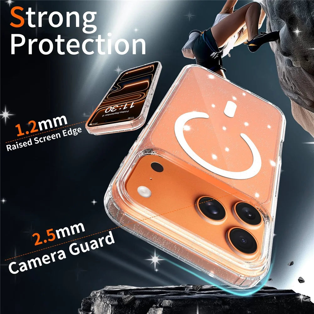 For iPhone 17 Pro Max Magnetic Case Glitter Powder TPU Scratch-proof Phone Cover with Tempered Glass Compatible with MagSafe  - Transparent - 3