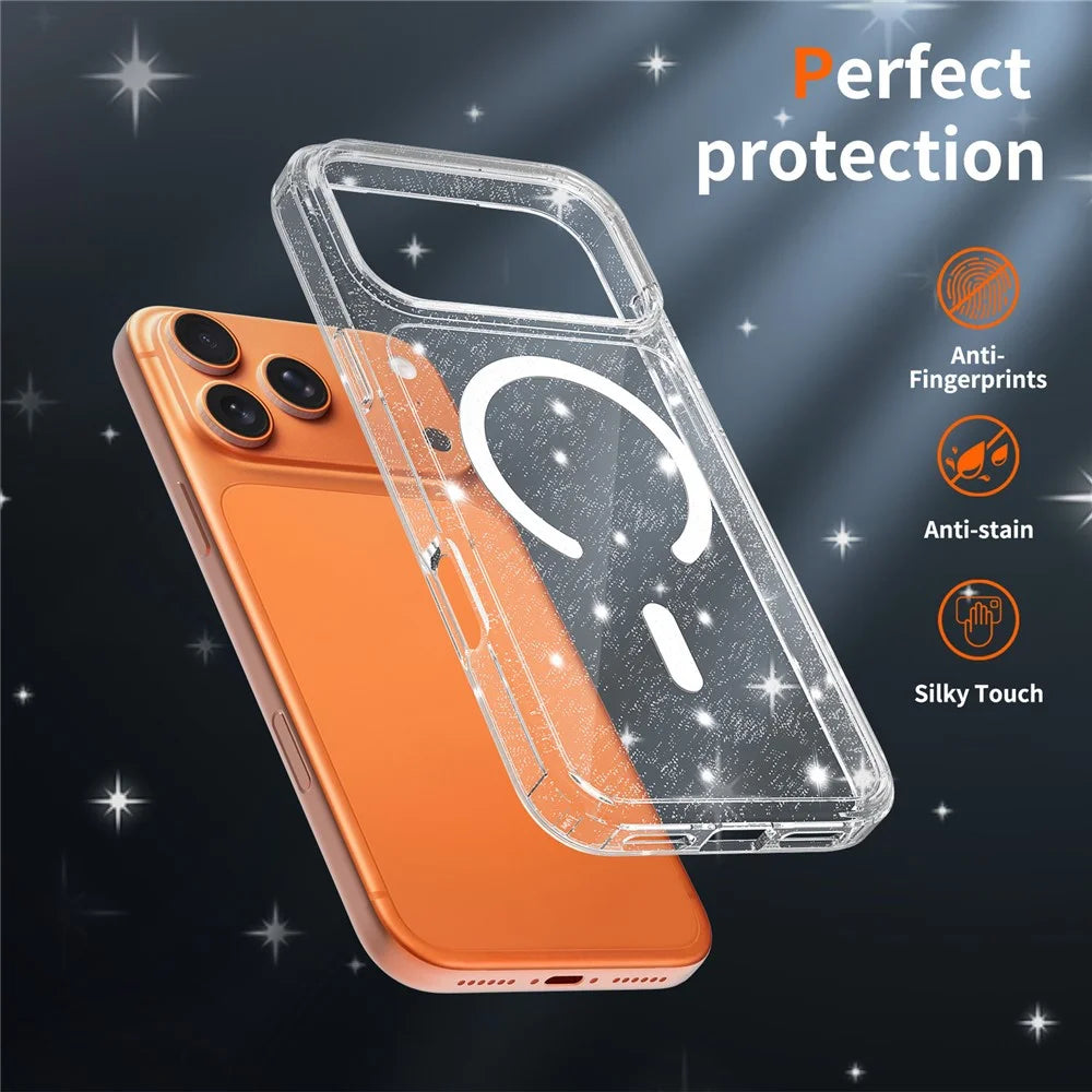 For iPhone 17 Pro Max Magnetic Case Glitter Powder TPU Scratch-proof Phone Cover with Tempered Glass Compatible with MagSafe  - Transparent - 5