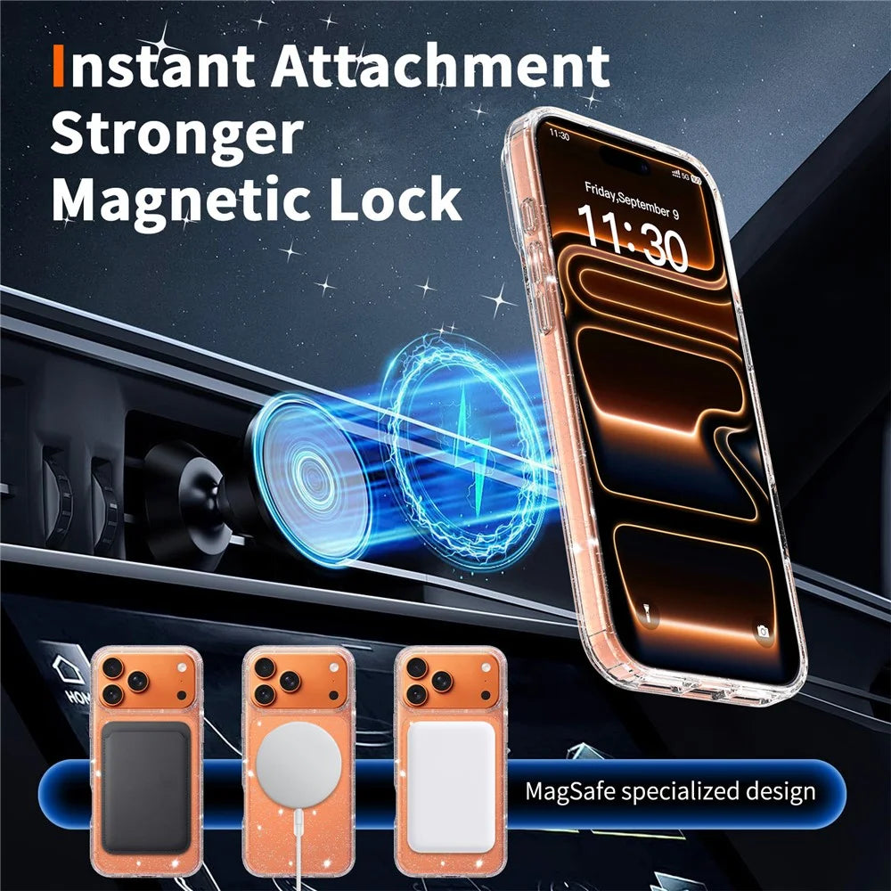 For iPhone 17 Pro Max Magnetic Case Glitter Powder TPU Scratch-proof Phone Cover with Tempered Glass Compatible with MagSafe  - Transparent - 7