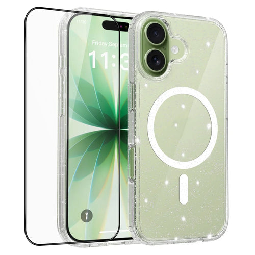 For iPhone 17 Magnetic Case Glitter Powder TPU Scratch-proof Phone Cover with Tempered Glass Compatible with MagSafe   - Transparent - 1