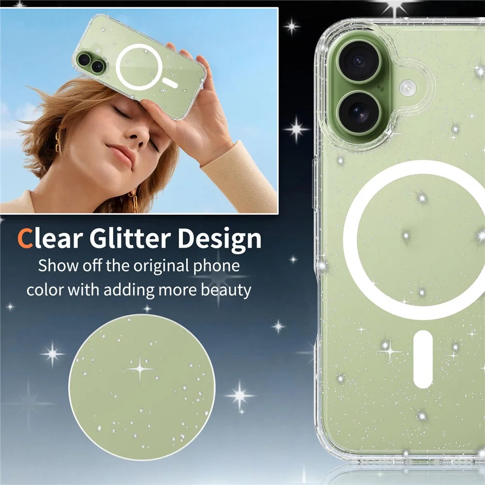For iPhone 17 Magnetic Case Glitter Powder TPU Scratch-proof Phone Cover with Tempered Glass Compatible with MagSafe   - Transparent - 2