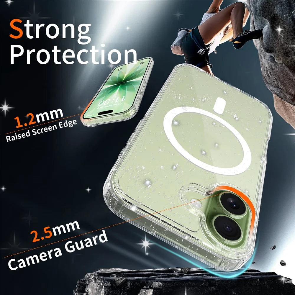 For iPhone 17 Magnetic Case Glitter Powder TPU Scratch-proof Phone Cover with Tempered Glass Compatible with MagSafe   - Transparent - 3