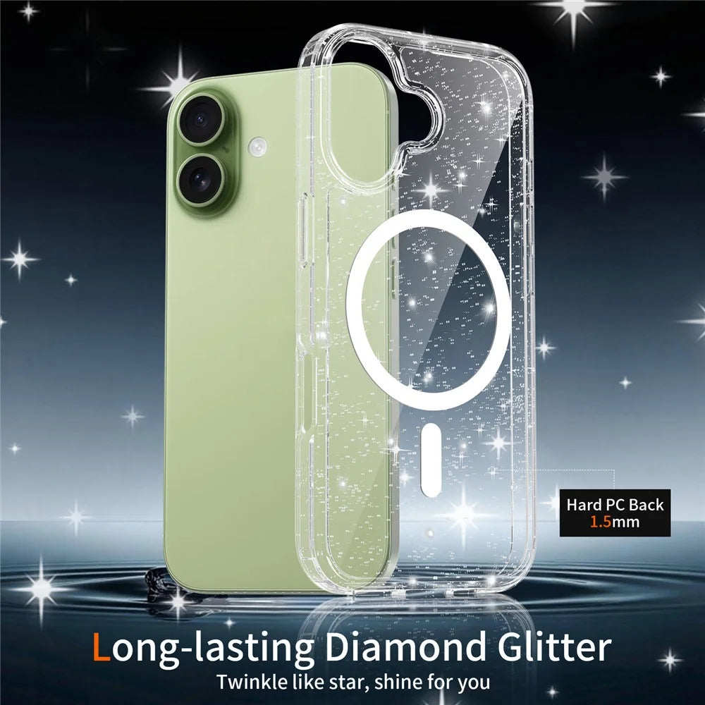 For iPhone 17 Magnetic Case Glitter Powder TPU Scratch-proof Phone Cover with Tempered Glass Compatible with MagSafe   - Transparent - 4