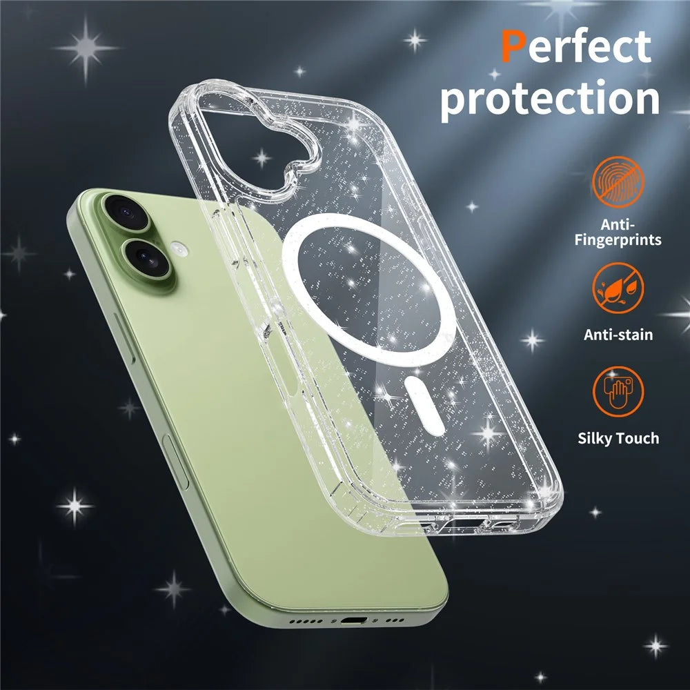 For iPhone 17 Magnetic Case Glitter Powder TPU Scratch-proof Phone Cover with Tempered Glass Compatible with MagSafe   - Transparent - 5