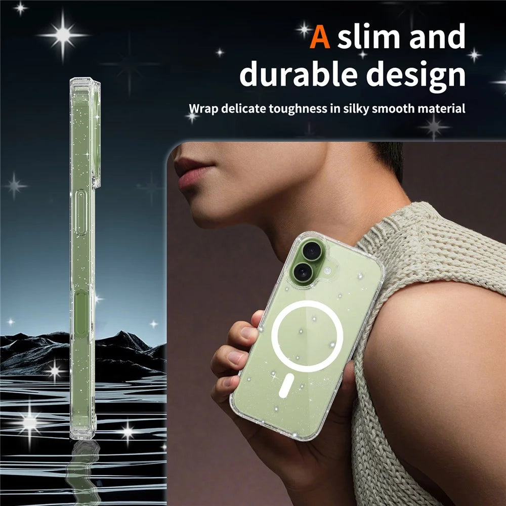 For iPhone 17 Magnetic Case Glitter Powder TPU Scratch-proof Phone Cover with Tempered Glass Compatible with MagSafe   - Transparent - 6