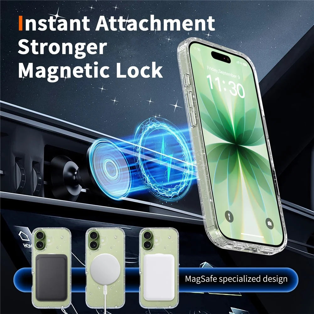 For iPhone 17 Magnetic Case Glitter Powder TPU Scratch-proof Phone Cover with Tempered Glass Compatible with MagSafe   - Transparent - 7