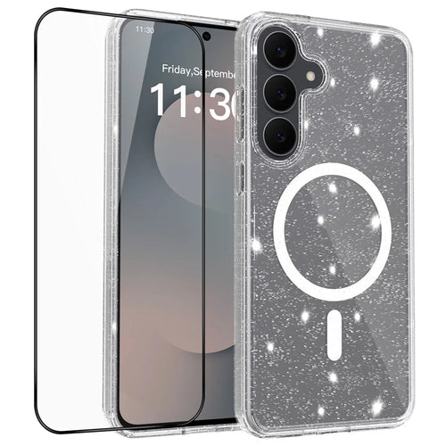 For Samsung Galaxy S25 FE Magnetic Case Glitter Powder TPU Scratch-proof Phone Cover with Tempered Glass  - Transparent - 1