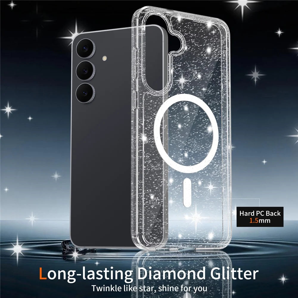 For Samsung Galaxy S25 FE Magnetic Case Glitter Powder TPU Scratch-proof Phone Cover with Tempered Glass  - Transparent - 4