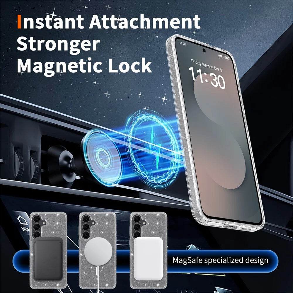 For Samsung Galaxy S25 FE Magnetic Case Glitter Powder TPU Scratch-proof Phone Cover with Tempered Glass  - Transparent - 7