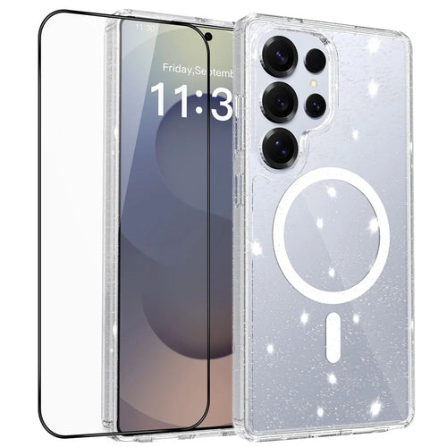 For Samsung Galaxy S25 Ultra Magnetic Case Glitter Powder TPU Scratch-proof Phone Cover with Tempered Glass  - Transparent - 1