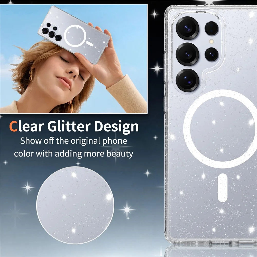 For Samsung Galaxy S25 Ultra Magnetic Case Glitter Powder TPU Scratch-proof Phone Cover with Tempered Glass  - Transparent - 2