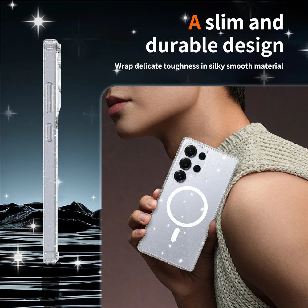 For Samsung Galaxy S25 Ultra Magnetic Case Glitter Powder TPU Scratch-proof Phone Cover with Tempered Glass  - Transparent - 6